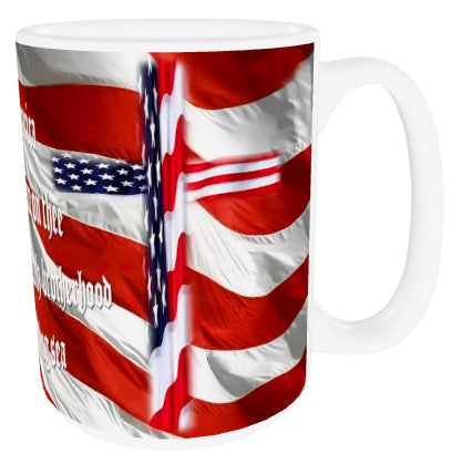 America Cross Coffee Cup AMERICA THE BEAUTIFUL Fancy Font